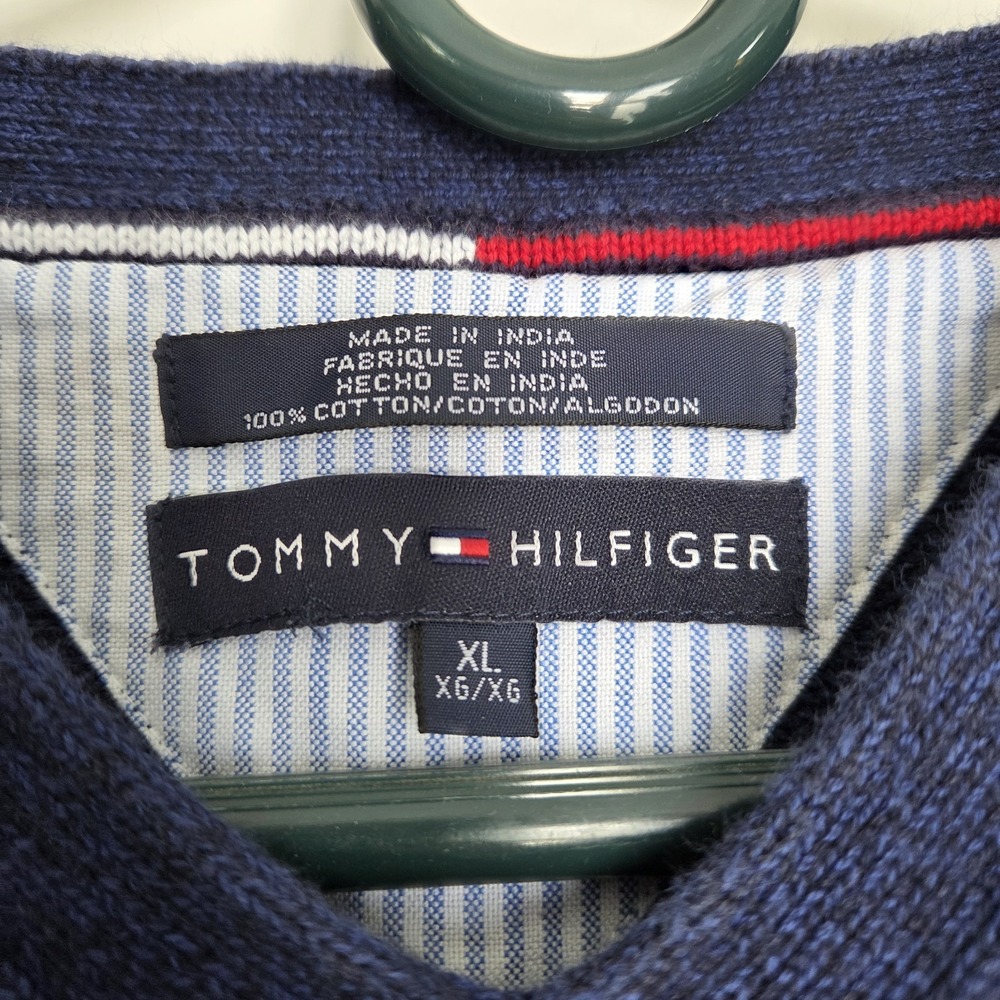 Tommy Hilfiger XL Mens Cable Knit Dark Blue V-Neck Sweater Vest - 100% Cotton - Picture 2 of 4